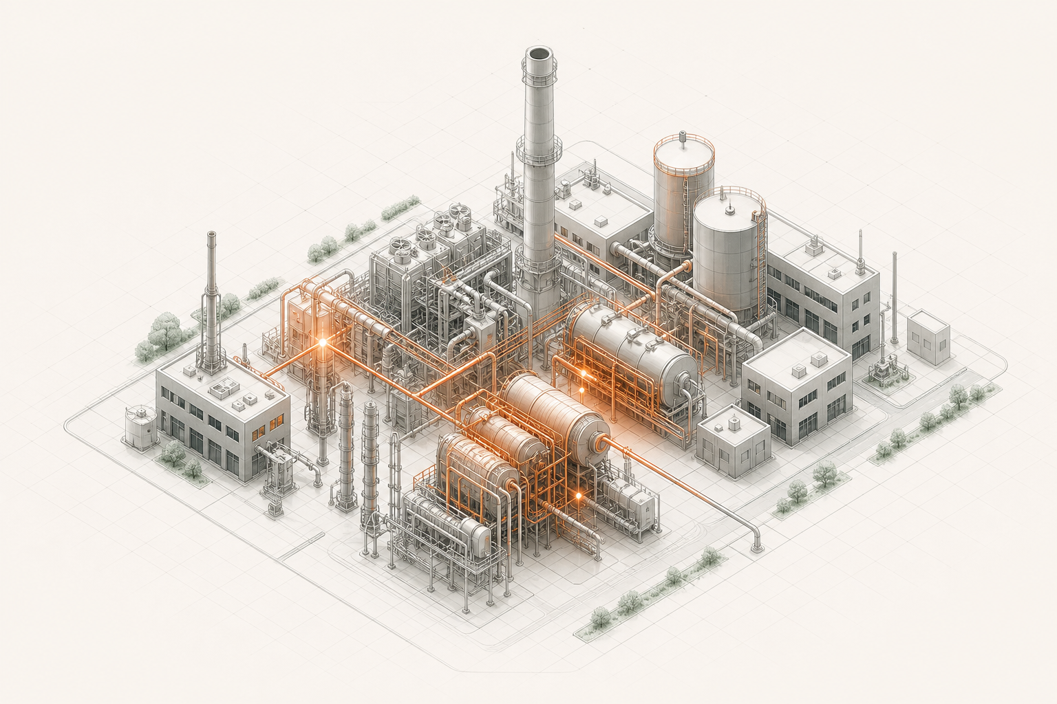 Isometric industrial plant with copper thermal loss routes