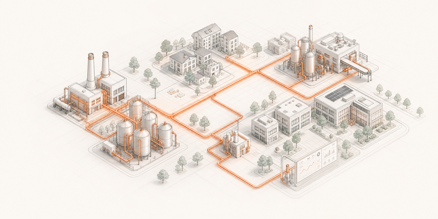 Industrial heat network connecting factories, facilities, and process sites